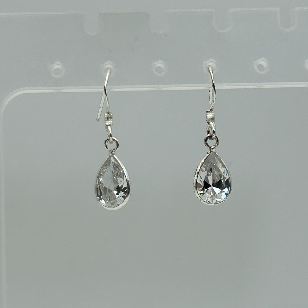 Sterling Silver Clear Crystal Teardrop Dangle Earrings Stamped 925 French Wire
